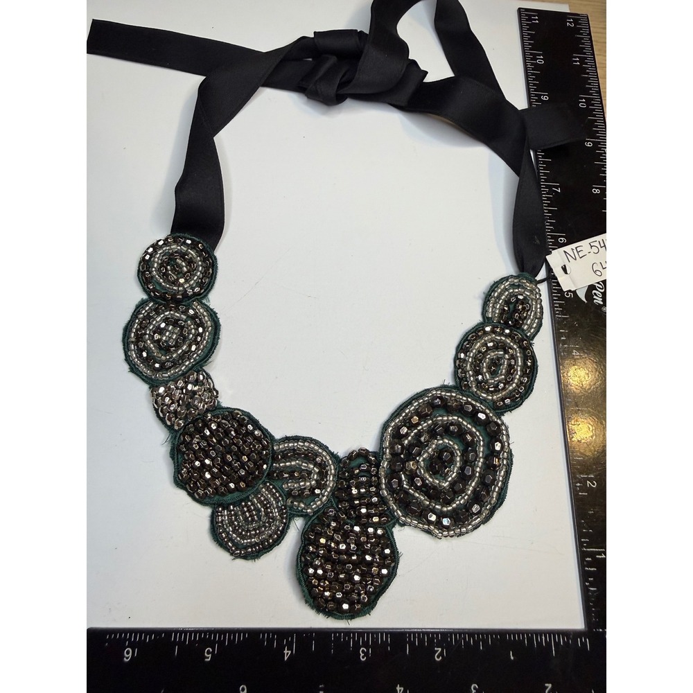 Cara New York Beaded Statement Bib Necklace Green Metallic Bronze Ribbon Tie
